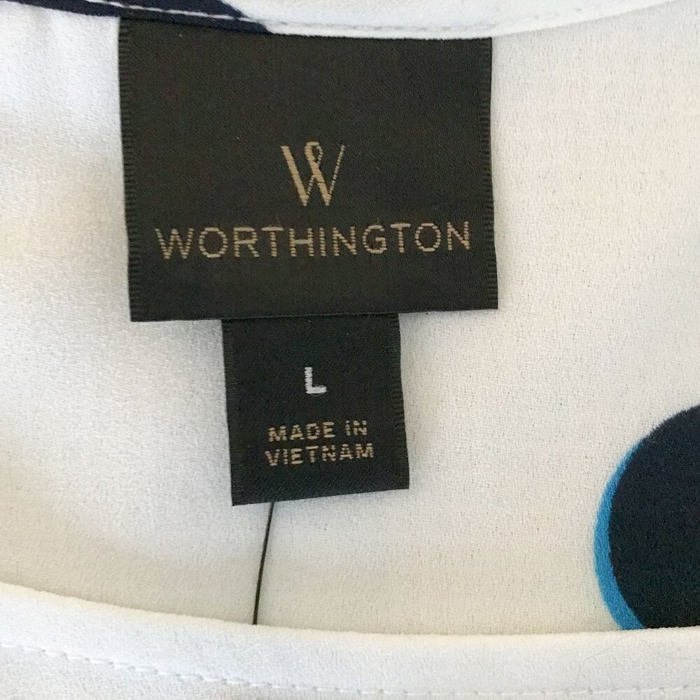 Worthington Flutter Cap Sleeve Round Neck Navy Polka Dot Blouse, Size L - Picture 6 of 15